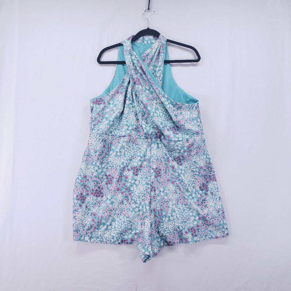 BCBG Paris Maxazria Sleeveless Romper Size XL Criss Cross Halter Floral Teal